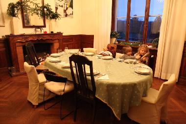E�zimmer mit offenem Kamin und Blick in den Park