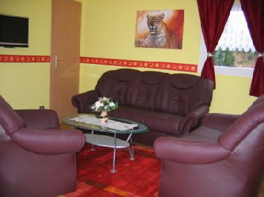 Modernes Wohnzimmer mit LCD Fernseher und Echtledercouch