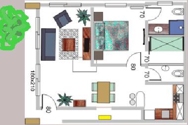 Grundriss des G�stehauses (Schlafcouch im Wohnzimmer)