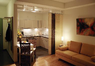 Wohnzimmer mit Schlafsofa 1,60 x 2,00 und offene Kche mit Geschirrspler, Khlschrank, Backofen und