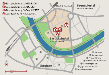 Lage unserer FEWOs zwischen der Historischen Altstadt Dresden und dem Szeneviertel ussere Neustadt