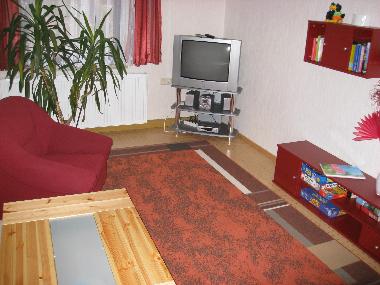 Im Wohnzimmer ist ein Fernseher, eine Stereoanlage sowie Spiele und B�cher.