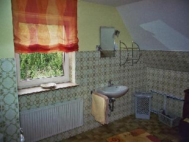 Das sehr gerumige Bad mit Blick auf das Waschbecken.