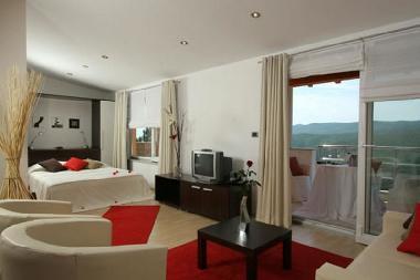 Der Wohnzimmerbereich mit Ausziehcouchbett und Zugang zur Terasse in der Comfort Suite.
