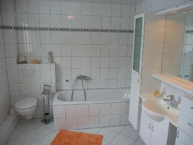 Teilansicht des Bades mit Wanne, WC und Dusche mit Komfortmodul