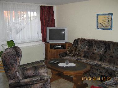 Wohnzimmer mit Schlafcouch und TV