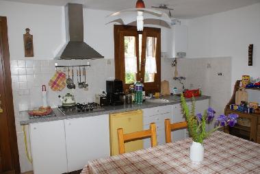 Der Kochbereich mit Herd, K�hlschrank, Dunstabzug und Sp�le.