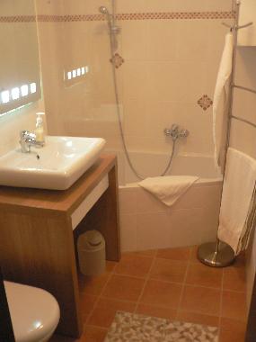 Komfortables Badezimmer mit Dusch-/Badewanne und Fubodenheizung