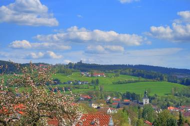 Ausblick von der Ferienvilla Bayern auf die Burgruine Weienstein und den Luftkurort Regen