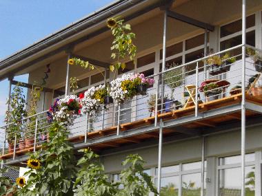 Blick von S�dost auf Balkon, Terrasse und Sonnenblumen