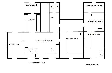 Kompletter Grundri von beiden Wohnungen fr bis zu 7 Personen 