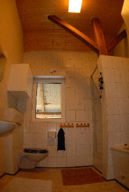Badezimmer mit Dusche und Badewanne, Handtuchwrmer, Fn und Handtchern