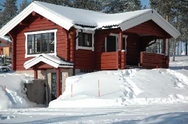 Kleines Ferienhaus - typisch handgefertigtes Blockhaus mit �berdachtem Altan als Eingang.