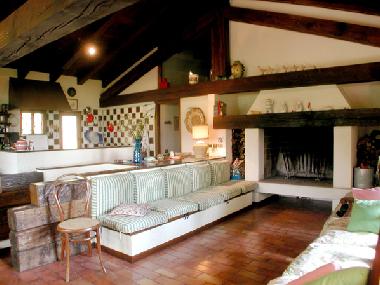 Wohnzimmer mit Kamin und Kche