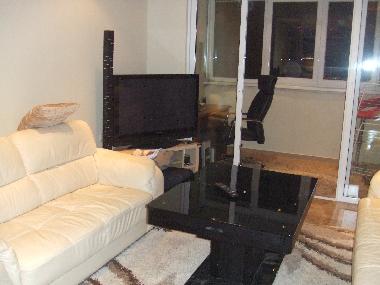 Wohnzimmer mit Ledercouch/echtes Leder