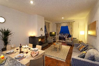 Wohnbereich mit Kamin / Terrasse mit Meerblick