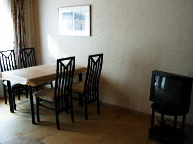 Wohnzimmer mit Schlafcouch, TV und Zugang zur Terrasse