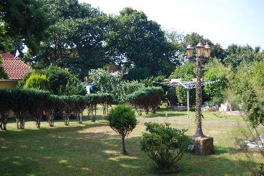 Blick in den Garten und zum Ferienhaus Strandfloh