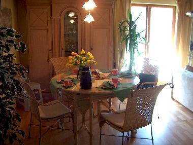 Design-Esstisch mit -Sitzgarnitur, Fl�gelt�r zur Terrasse