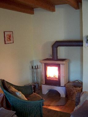 Kamin-Romantik wahlweise Naturstein-Wandheizung im Wohnzimmer