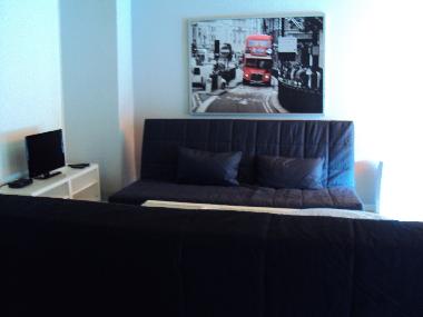 Wohnzimmer mit 2 Schlafsofas und Flachbildschirmfernseher