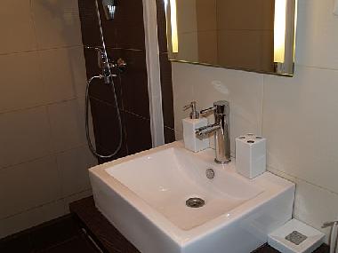 kleines Badezimmer mit breiter Dusche