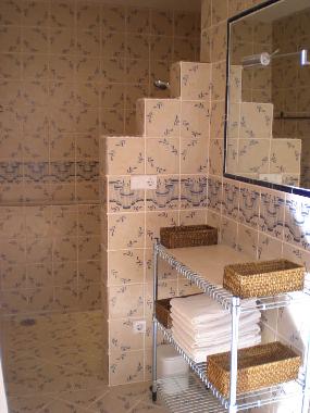 ... und eine in den Schlafraum integrierte italienische Dusche im gleichen Stil.