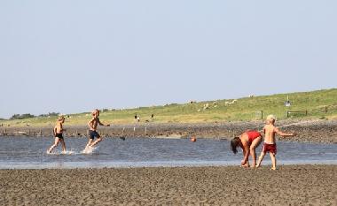 Kinder spielen am 1,5 km entfernten Strand in Tossens