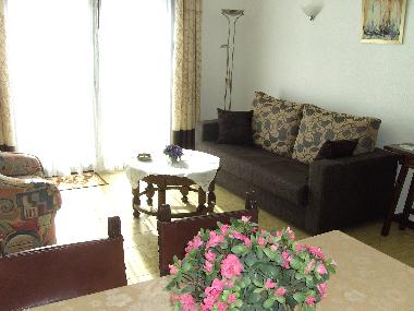 Blick aus der Durchreiche Kche ins Wohnzimmer