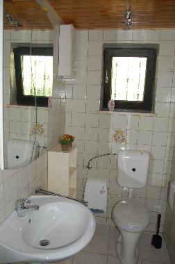 Bad: Dusche, Waschbecken, großer Spiegelschrank, kleines Regal, WC.