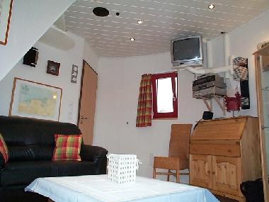 Wohnzimmer mit Sat-TV, DVD und einer kleinen DVD Sammlung, Stereoanlage,