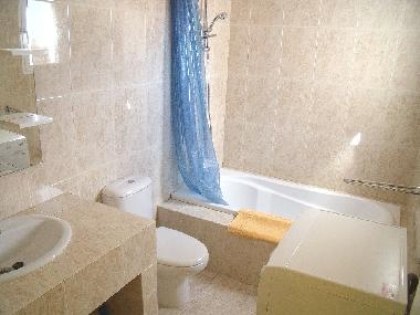 Badezimmer mit Badewanne, Dusche und Waschmaschine mit Trockner