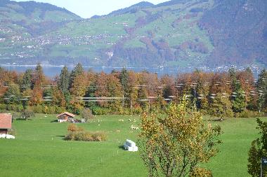 Sicht vom Balkon auf Thunersee und Berge
