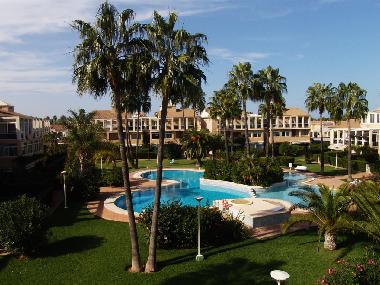 Blick von der Terrasse auf den Pool