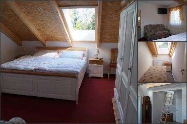 Schlafzimmer mit Ausziehcouch, kleines Zimmer und Aufstieg zur Schlafmöglichkeit für Kinder