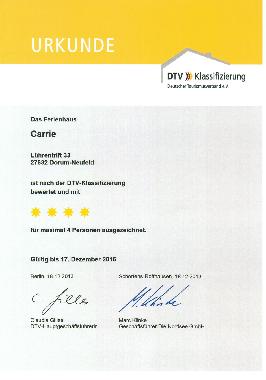 Die DTV-Urkunde fr 4 Sterne Ferienhaus Carrie