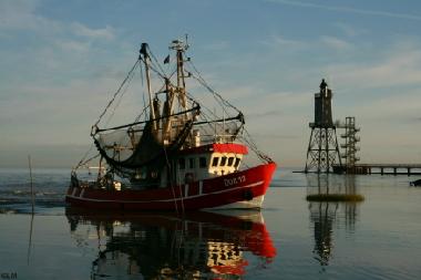Krabbenkutter bei der Hafeneinfahrt Dorum-Neufeld