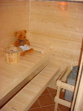 Sauna fr alle Gste mit weiterer Dusche, Waschbecken und WC (auch als Gste WC nutzbar)