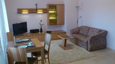 Fewo mit 1 Schlafzimmer: Wohnraum mit integrierter Kche mit angeschlossender Terrasse nach Osten