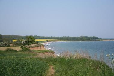 Die Natursteilk�ste erstreckt sich oberhalb des Badestrandes. Im Hintergund die Bucht von H�kholz.