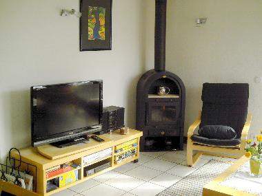 Wohnzimmer mit Kamin und Flachbildfernseher