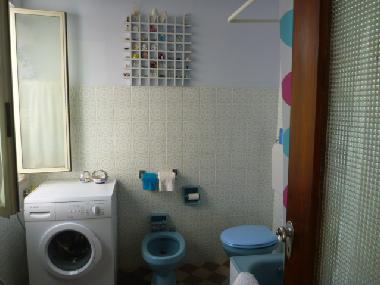 das gro�e Bad mit Wanne, Bidet, WC, WT und Spiegelschrank und Waschmaschine