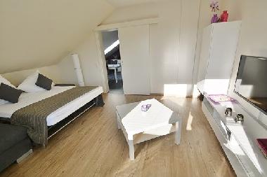 Wohnzimmer mit ausgeklapptem Schlafsofa