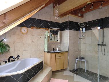 Marmorbad mit Wanne. Ganzglas-Dusche u. 2 Waschbecken, WC;  im OG (12 qm)