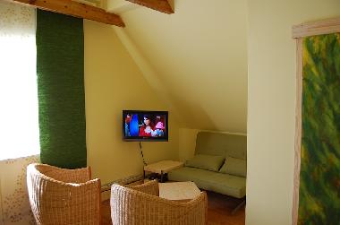 Die Sitzecke mit Sofa und HD-TV 	
