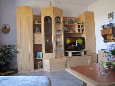 Wohnwand mit vielen Bchern, Spiele fr gro und klein, TV, DVD etc.