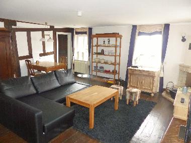 Wohnzimmer mit Schlafcouch und Ethernolkamin