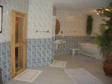 Blick aus einem anderen Winkel im Keller, auf Sauna, Dusche, Waschbecken und Whirlpool