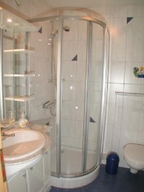 Duschbad mit Runddusche, Gro�er Spiegel , Sprossenheizk�rper, F�n, Kosmetikspiegel etc.